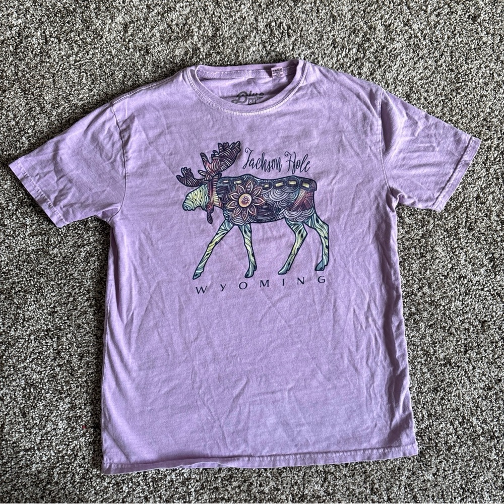 Jackson Hole Wyoming Souvenir Kid’s Lavender Purple T-shirt Moose Design Size L